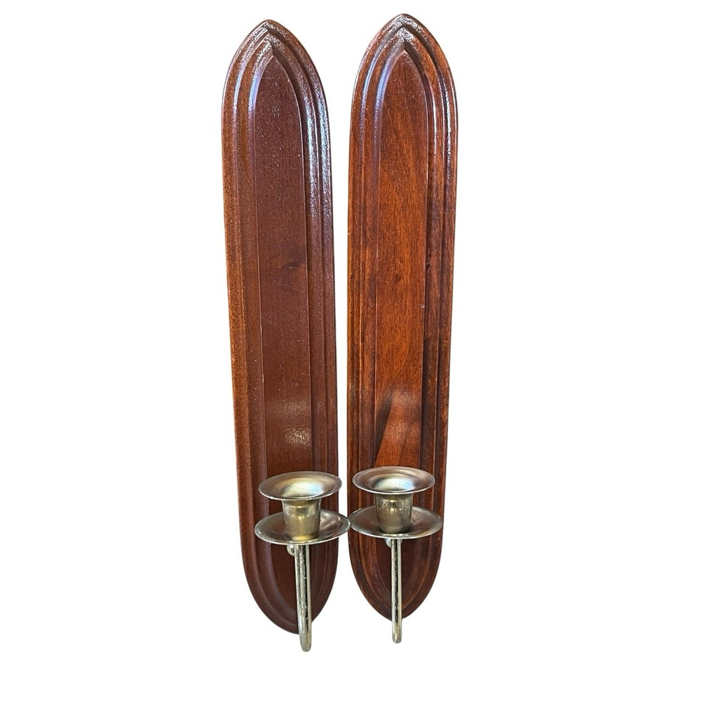Vintage Home Interiors Wood Brass Wall Candle Sconces Pair Colonial Style Set